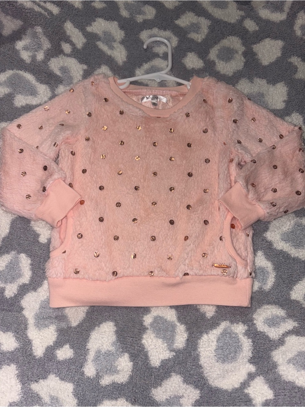 Light Pink Plush Crewneck Sweater with Rose Gold Sequins and Pockets 3T